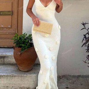 White Crochet 3D floral dress