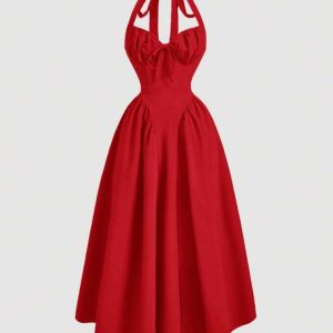 Burgundy Halter neck Rutched Dress